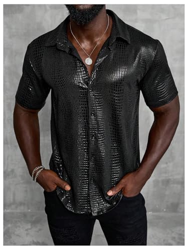 WDIRARA Men's 70s Disco Top Crocodile Pattern Button Down Shirt Short Sleeve Rave Party PU Leather T Shirt4