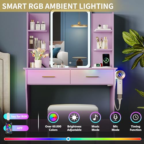 Vanity Desk with LED Lights Mirror & Power Outlet, Small Makeup Vanity Table Set with Storage Drawers & Chair, 3 Lighting Modes & Adjustable Brightness, Dressing Table for Women Girls Bedroom, Purple