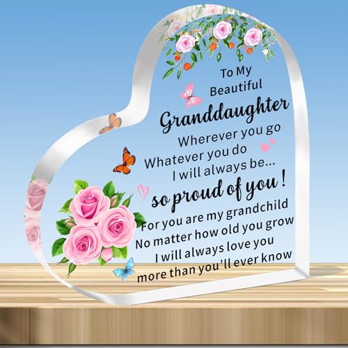 JMIMO Granddaughter Gifts Granddaughter Heart Shaped Acrylic Plaque Birthday Gifts from Nany Grandad,Granddaughter Christmas Graduation Gift Ideas