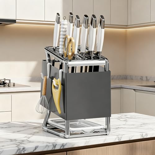 Soporte para bloques de cuchillos en acero inoxidable con bandeja 3