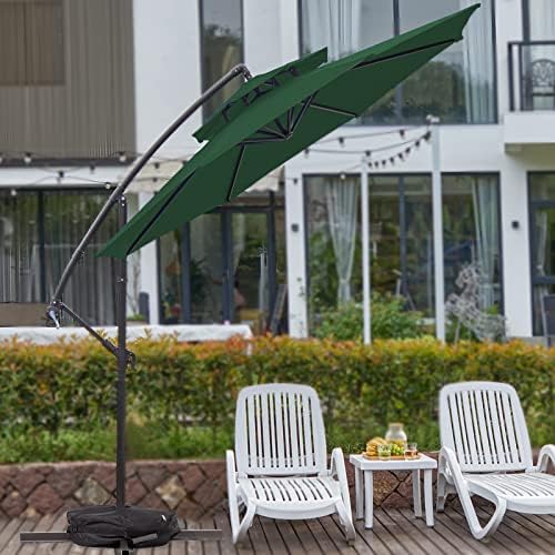 VOUA 10ft 2 Tier Patio Offset Umbrella with Sandbag Cantilever Outdoor Hanging Umbrella Large 8 Ribs Market Umbrella with Crank & Cross UPF 50+ and Waterproof for Backyard Garden Pool and Deck , Dark Green