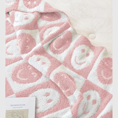 Image of Ultra Soft Cozy Happy Smiling Face Checkered Knitted Throw Blanket Fluffy Microfiber Checkerboard Bed Blanket Lightweight Both Sides Blanket for Couch Sofa Bed (Smile Pink, Throw 50 inchx60 inch)