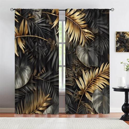 Black Gold Tropical Leaves Blackout Room Curtains, Luxury Jungle Plant Palm Leaf Curtains for Bedroom Black Out Pattern for Boys Kids Girls Bedroom Living Room-2 Panels W42xL84in
