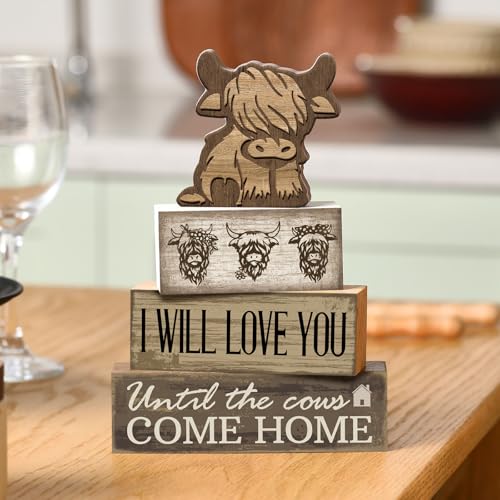 Image of Moucuny 4 Pcs Highland Cow Table Decorations Rustic Western Tiered Tray Decor Decorative Highland Cow Block Signs Western Tabletop Centerpieces Farmhouse for Home Desk Room Kitchen Shelf Decor