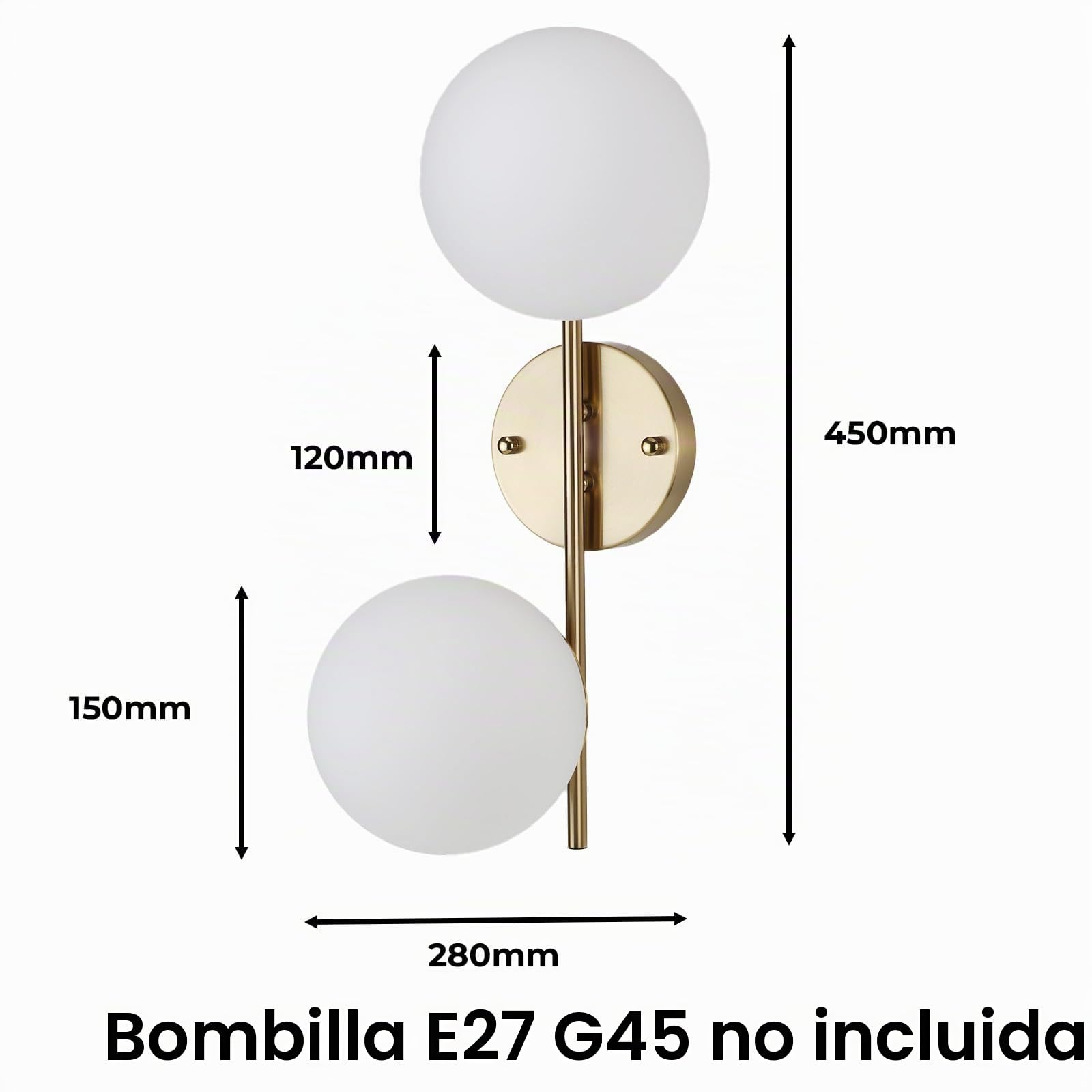 Alpinaluz Aplique de Pared Dorado, Lámpara de Pared con 2 Bolas de Cristal Opaco Blanco, Portalámparas E27 para Bombillas G45, Iluminación Decorativa para Dormitorio, Salón y Pasillo