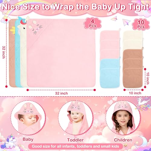 Image of 14 Baby Towel Set, Soft Baby Bath Towels and Washcloths Set-Bath Essentials | 4 Pcs Hooded Bath Towel & 10 Pcs Baby Washcloths for Infant, Toddler & Kid for Boy & Girl(Unicorn & Bunny & Kitten & Chick)