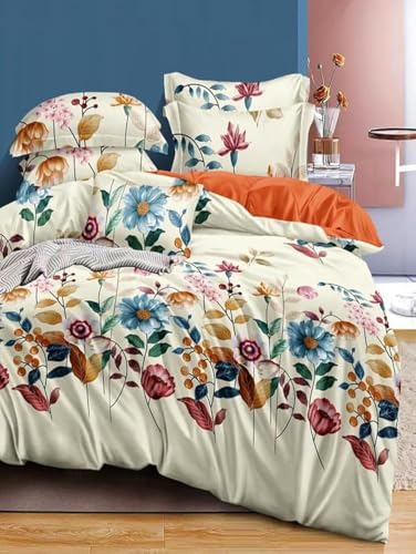 Image of Polycotton Single Bed Bedsheet, Flat Sheet with 1 Pillow Cover, Queen (60x90 inch), 300 TC, Multi & Cream, Set of 2