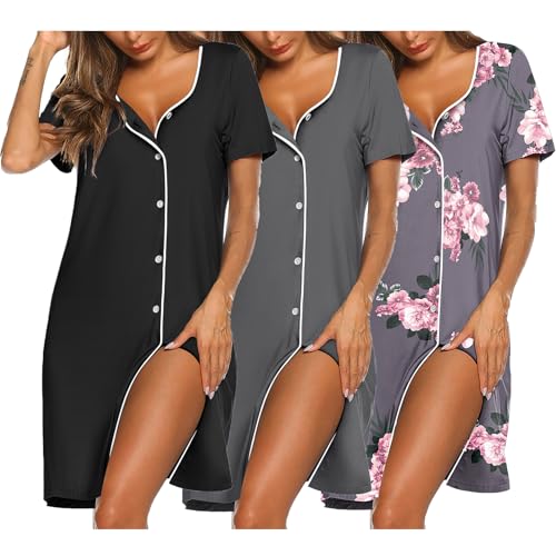 Image of Ekouaer Nightgowns for Women 3 Pack Sleep Shirts Button Down Pajama Dress Short Sleeve Nightshirt Sleepwear Nightdress