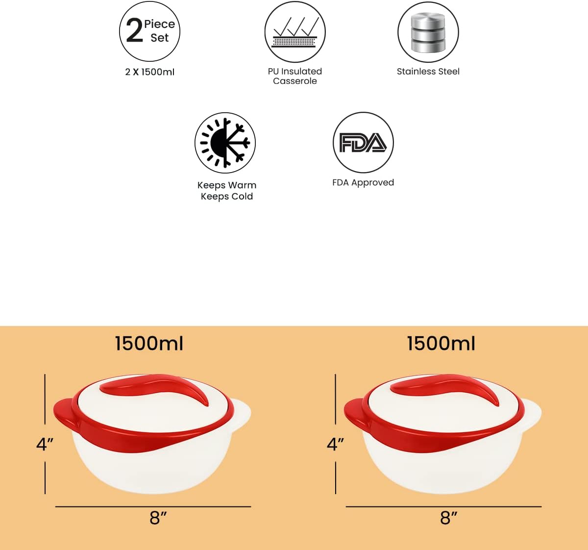 Pinnacle Insulated Casserole Dish with Lid 1.5 qt. Hot Pot Food Warmer/Cooler –Great Thermal Soup/Salad Serving Bowl- Stainless Steel Hot Food Container–Best Gift Set for Moms –Holidays Red/white