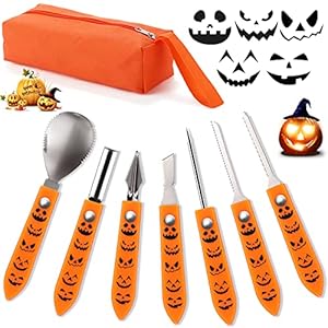 Hukermoon Halloween pompoensnijset, 7-delige pompoensnijset met draagbare koffer, Halloween decoratie voor roestvrij…