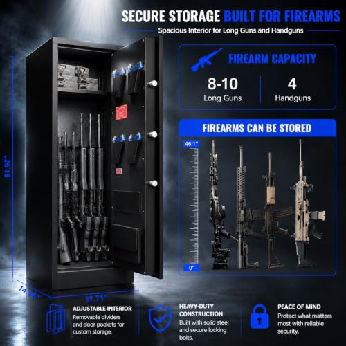 Image of Marcree 8-10 Gun Safe for Rifles & Pistols, Quick Access Rifle Safe with Dual Alarm, Mute Mode, Adjustable Shelves & Pistol Pockets, Gun Cabinet for Shotguns