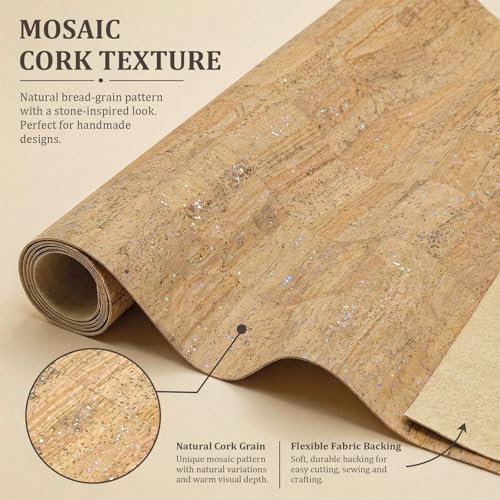 Image of SorenCut Patterned Cork Fabric Roll 12.8 x 54 Inch - Stone-Inspired Mosaic Cork Leather Fabric with Flexible Backing for DIY Crafts, Earrings, Bags, Wallets & Handmade Accessories