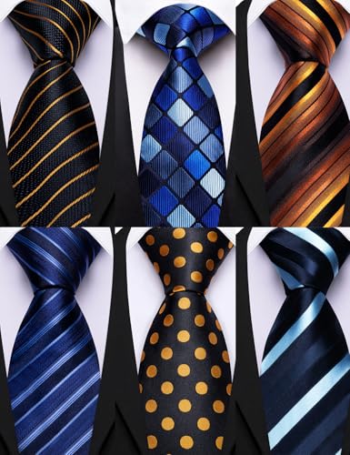 Image of Barry.Wang Mens 6 PCS Ties Silk Striped Paisley Check Floral Necktie Silky Woven Wedding Business Party Ties 3.34 inch