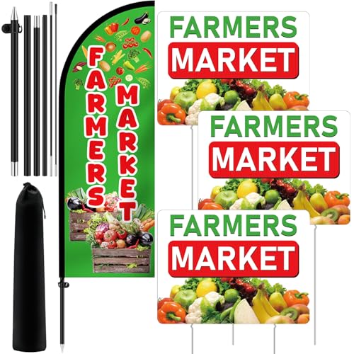 Hahafelt 1 Pack 7 ft Farmers Market Feather Flag and 3 Pack Farmers Market Yard Sign Swooper Flag with Pole Kit Ground Stake for Outdoor Outside Advertising Business
