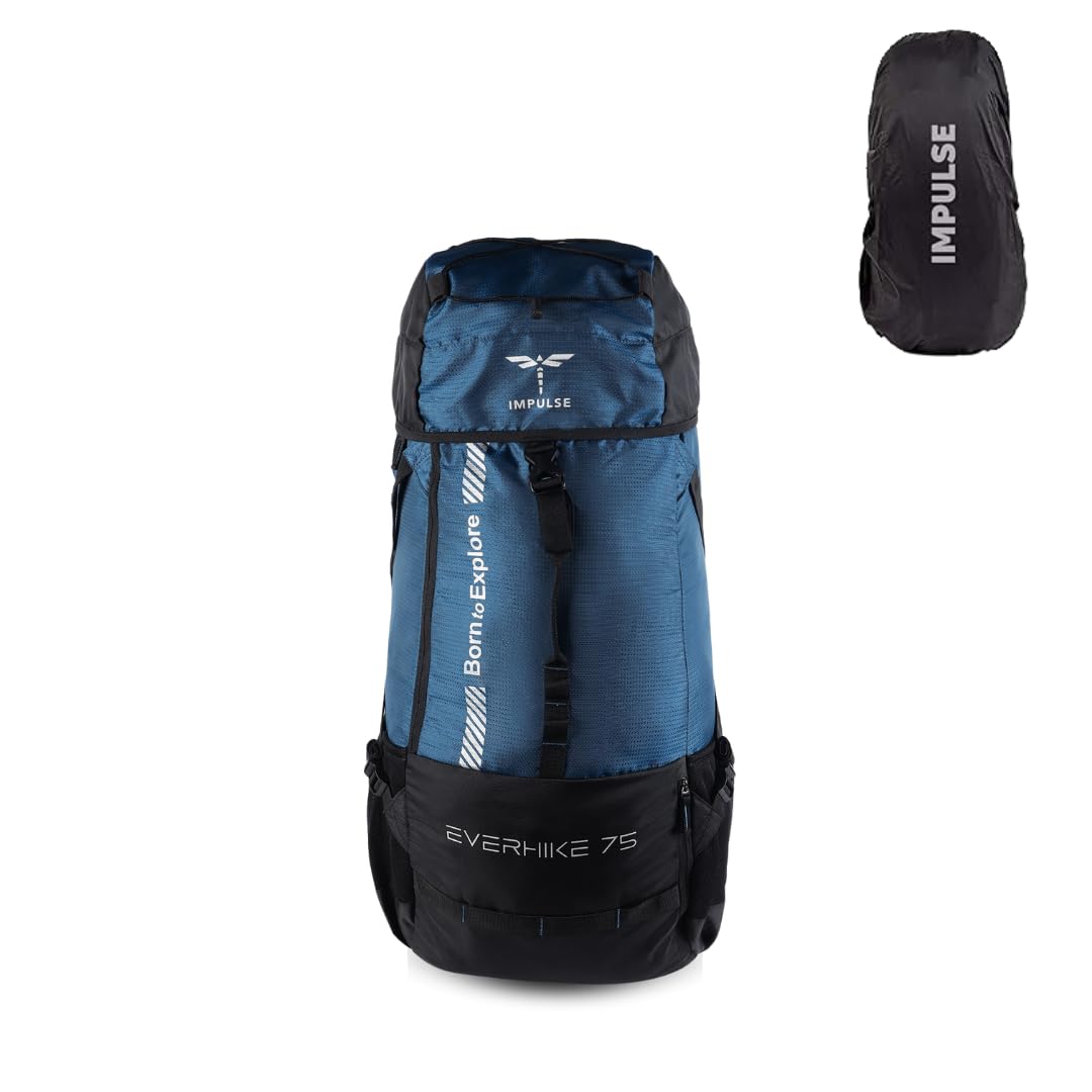 Impulse Everhike 75L Travel bag Trekking with Rain Cover|Water Resistant|Padded Adjustable Shoulder Straps & Waist Belt | Ideal for Hiking, Camping & Travel Rucksack Backpack- Blue |1 Year Warranty