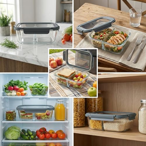 Deconox 1500 ML Büyük Boy İki Bölmeli Cam Saklama Kabı, Sızdırmaz Kilitli Kapaklı Yemek Beslenme Kutusu, Fırına Girebilen Borosilikat Cam Lunch Box Sefer Tası - Görsel 4