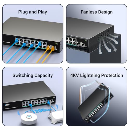 Image of 18-Port 10Gb Unmanaged PoE Ethernet Switch with 16*2.5G Base-T PoE Ports, 2*10G RJ45 Ports. 120Gbps Switching Capacity, GiGaPlus 10Gbps Network Switch for 2.5G /10Gbps NAS /PC, WiFi6 Router, Wireless AP