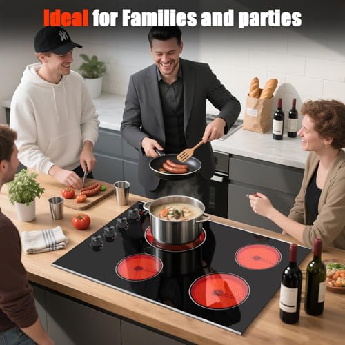 Image of Noxton Electric Cooktop 30 Inch, Knob Control 4 Burners Electric Stove Top with Glass Protection Metal Frame, Expandable Burner, Safety Lock, Timer, 6700W 240V Hard Wired(Black)