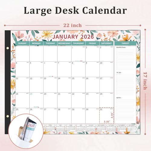 Image of Ospelelf Desk Calendar 2026-2027 Large 22 inchx17 inch Monthly Family Office Planner Pad with Protective Cover 18 Months January 2026 - June 2027 Ditsy Floral