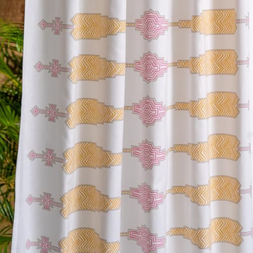 Image of Tranquebar Curtain Co. Window Curtains 5 Feet, 60-65% Room Darkening,Pink-Yellow Geometric Print,Cotton Curtains for Window, Cotton Curtains 5 Feet Long Set of 2, BackTab Loops,Tavi (152 cm)-Set of 2