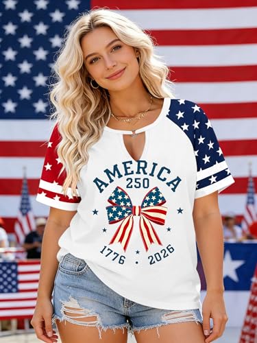 Image of Ithalt Plus Size American Flag Shirt Women Bow T Shirt 4th of July Shirts USA Patriotic V Neck Tees for Independence Day