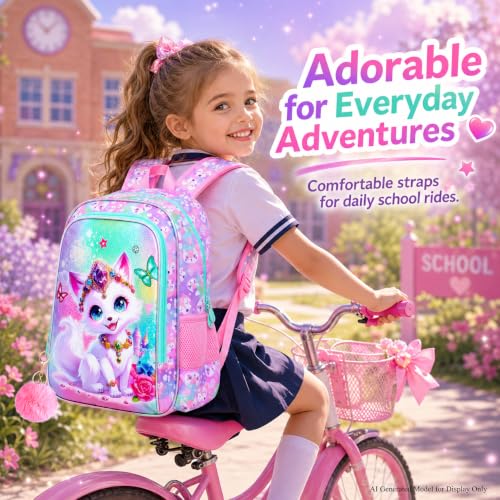 Image of 3Pcs Fox Backpack for Girls, 16 inch Kids Bookbag with Lunch Box，School Backpacks for Elementary Preschool Kindergarten (Pink)