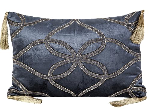 Coussin velours bleu nuit brodé pierreries pompons pour décoration canapé - 2