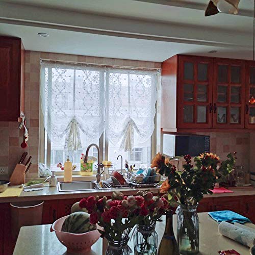 Country Style Pull Up Balloon Sheer Curtain With Embroidered Floral Patterns Beige Tie Up Adjustable Farmhouse Window Treatment Shades Valance 1 Panel (32" Wx68 L) #TOP5