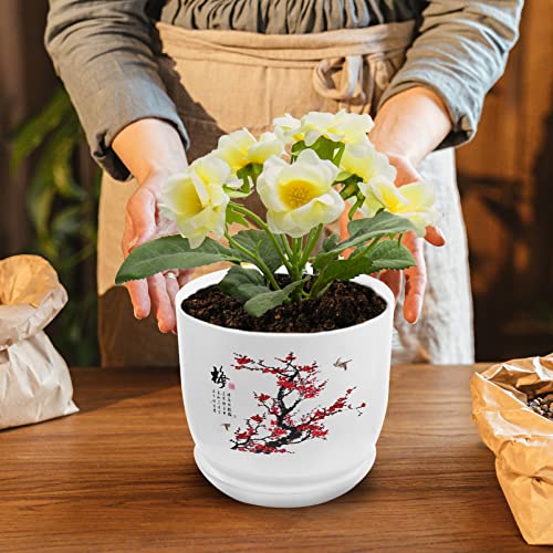 Ganazono Chinese Flower Pot With Saucers Drainage Hole Plant Pots Resin Plant Flower Pot Garden Flower Planters For Orchid Or (White+Red) #TOP5