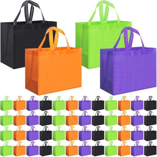 Sanwuta 48 Pcs Halloween Color Gift Bags with Handles, Reusable Non Woven Totes, Bulk Goodie Bags for Women Men Adult Halloween Decorations, Black, Orange, Purple, Green