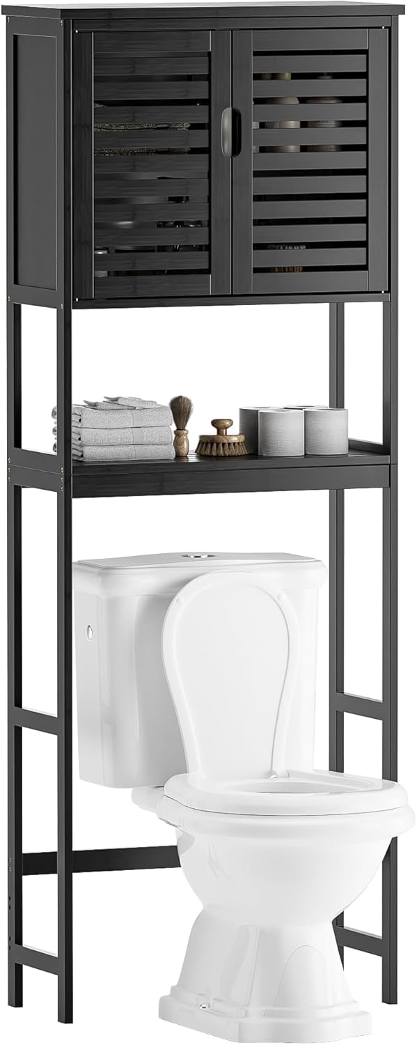 SMIBUY Bathroom Over The Toilet Storage Cabinet, 2 Door Bamboo Cabinet Organizer, Freestanding Space Saver Toilet Rack with Adjustable Inside Shelf and Open Shelf (Black)
