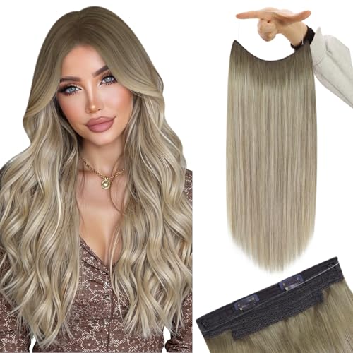 Image of YoungSee 140G Wire Hair Extensions Ombre Blonde Invisible Wire Human Hair Extensions Ash Blonde to Platinum Human Hair Fish Line Extensions Long Straight Hair 24Inch