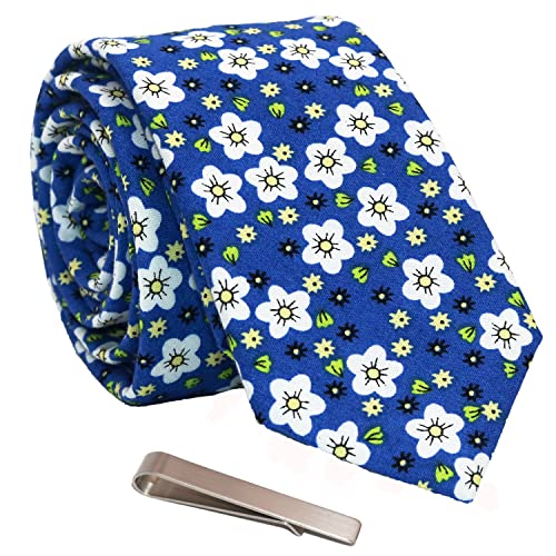 Image of Men's Skinny Tie Floral Cotton Necktie and Tie Bar Clip Sets, Great for Weddings,Groom,Groomsmen