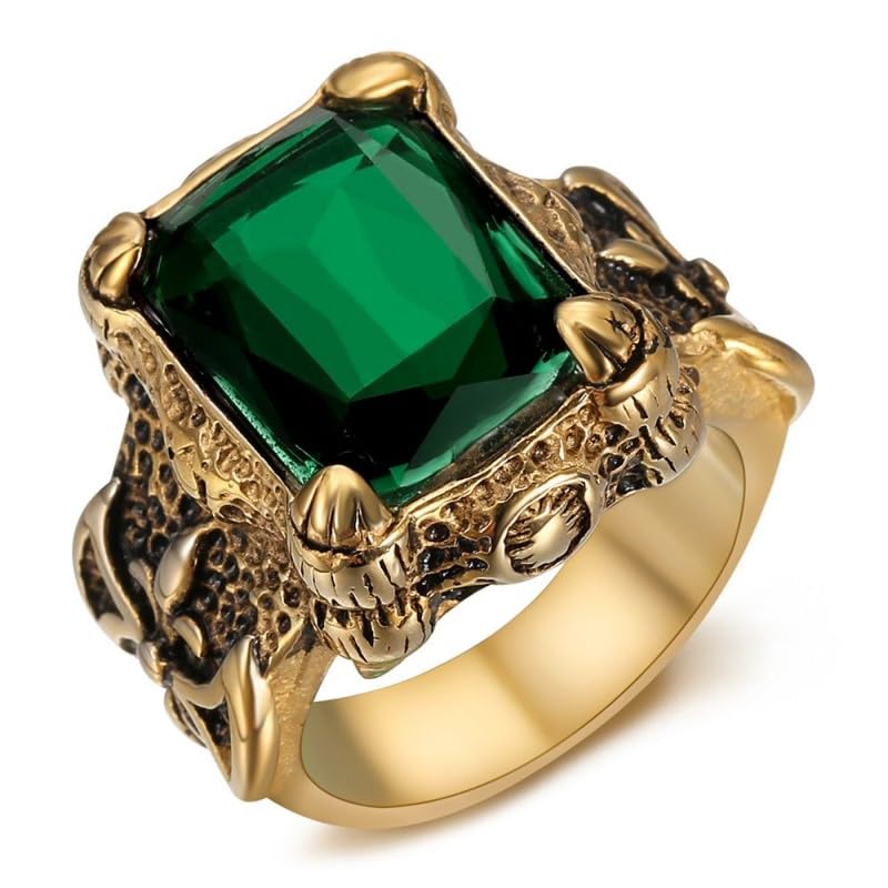 BOBIJOO Jewelry - Grosse Bague Chevalière Royaliste Templier Homme Acier Inoxydable Or Noir Émeraude Vert Fleur de Lys - 56 (7 US)