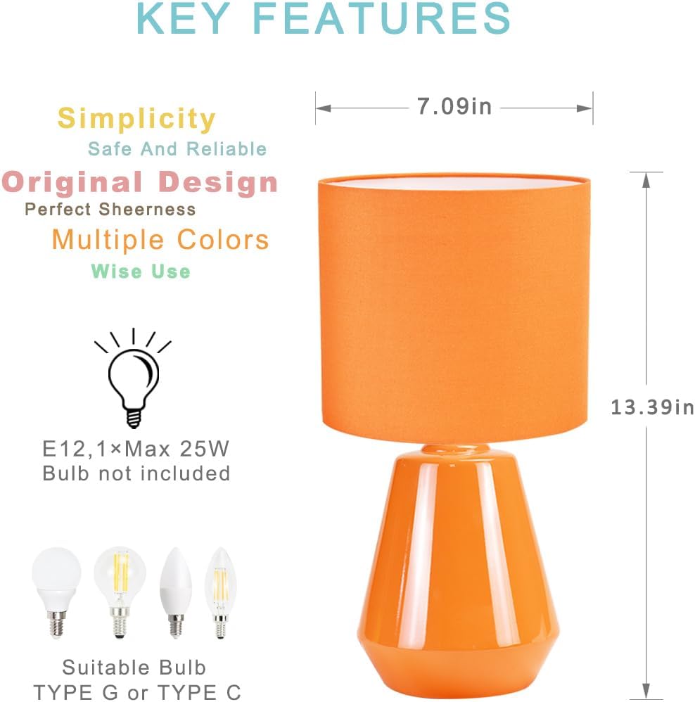 Lampwell Vane Small Ceramic Table Lamp for Living Room and Bedroom,Modern Kids Night Table Lamp,Φ7.09×H13.39IN,Bulb Excluded,Orange