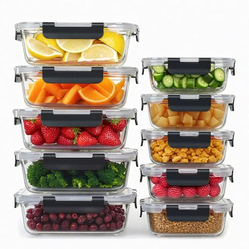 LIKHOPER Glass Food Storage Containers Set of 10 – 5 Small (370ml) + 5 Large (1040ml) Square Meal Prep Boxes with Lids, Leakproof Design for Lunch, Fridge, and Kitchen Storage