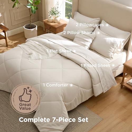 Image of Bedsure 7 Pieces Full Comforter Set Premium Series, Hotel Luxury Soft Bed in a Bag, Goose Down Alternative, Safe for Sensitive Skin Bedding Comforter All Season Medium Warmth, Beige Wavy Quilted
