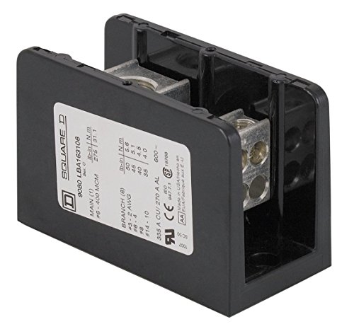 Square D Power Distribution Block, 175 Max. Amps, Primary Connections/Pole: 1-9080LBA162101