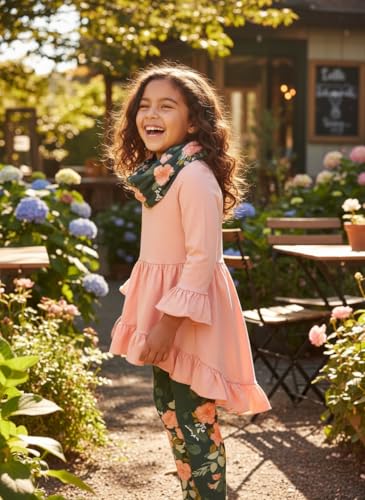 Image of Unique Baby Girls Kids Toddler 3pc Outfit Set Long Sleeve Cotton Blend Tunic Top Leggings and Scarf