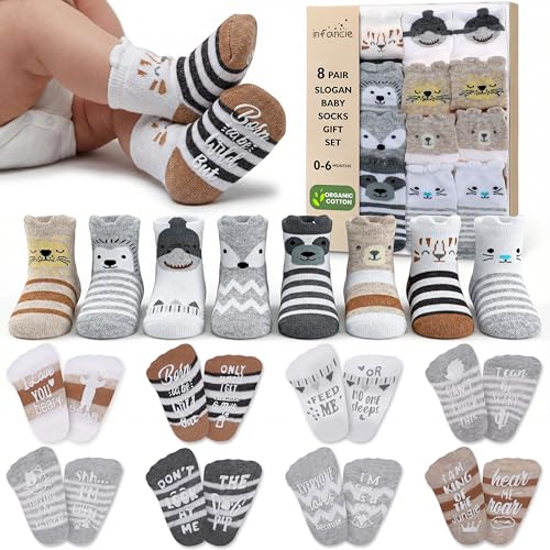 Organic Cotton Funny Baby Socks 0–6 Months - Newborn Socks with Gripper - Safe Walking Non-Slip Sole, Perfect Baby Gift for Shower and Registry - Baby Socks for Boys and Girls, Newborn Essentials