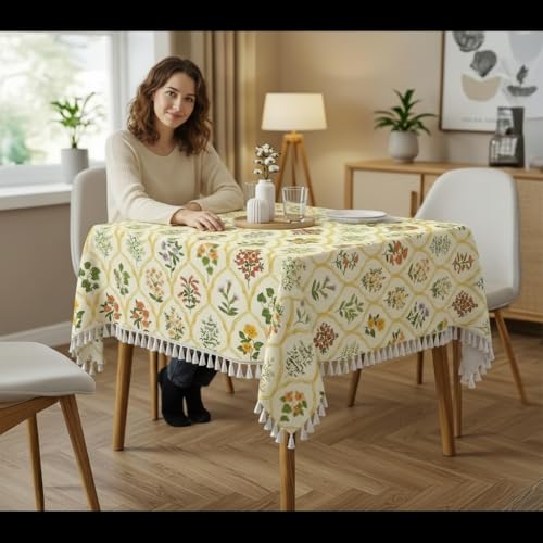Image of RRC Microfiber Cotton Table Cloth Pack of 2 for 4 Seater Dining Table, 45 x 60 Inch Rectangular Printed Table Cover with Tassels, Washable, Durable & Fade Resistant