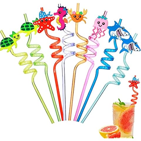Powmag Pack of 8 Plastic Straws, Reusable Plastic Straws, Novelty Curly Straws, Caricature Sea Animal Curved Plastic Straws Cover