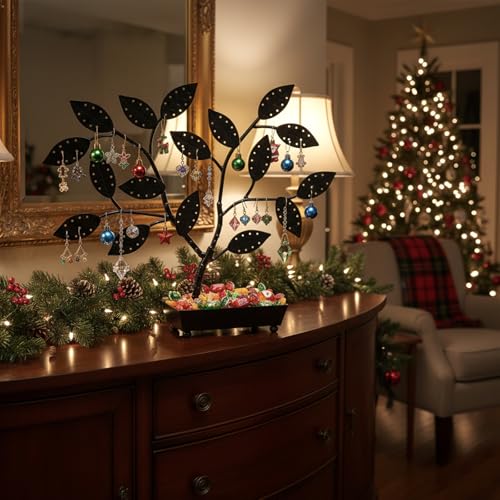 Image of MyGift Jewelry Tree w /Bird Nest 48 pair Earrings Holder, Bracelets /Necklace Organizer Stand (Black Metal)