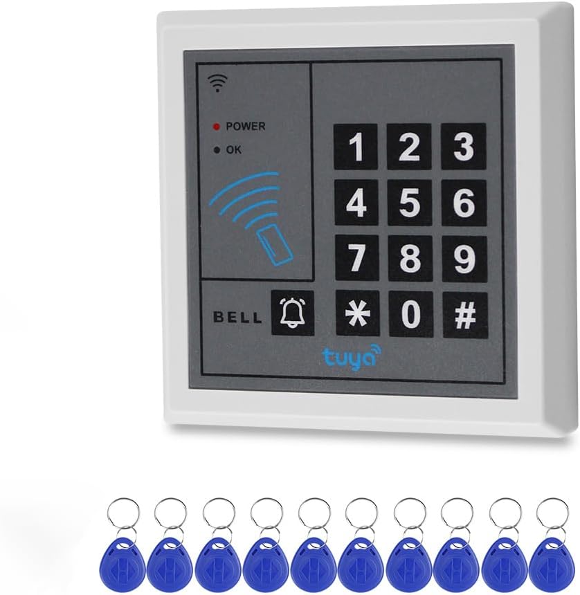 Tuya RFID Access Control Keypad WG26 Touch Password Access Controller Keyboard+10Pcs Key Rings APP Remote Unlock (Blue Keychain)