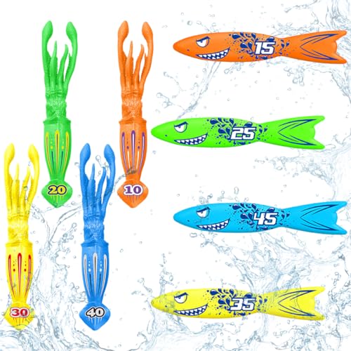 DOKRIN Giochi da immersione sott'acqua,8 giocattoli a forma di siluro piatto, calamari, regali per feste estive in piscina per bambini