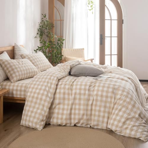 Image of BESTOUCH Gingham Cotton Duvet Cover Set Almond Grey Twin | Washed Cotton, Linen Feel, Soft Wrinkle Texture, Hidden Zipper, 8 Ties, Breathable Lightweight Durable Comfy, 2 Pcs No Insert