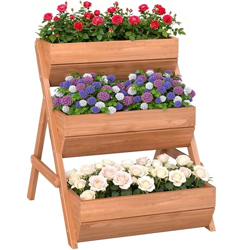 Outsunny 3 Tier 66L Raised Garden Bed Wooden Elevated Planter Box Kit for Flower, Vegetable, Herb, 65 x 75 x 76cm, Brown