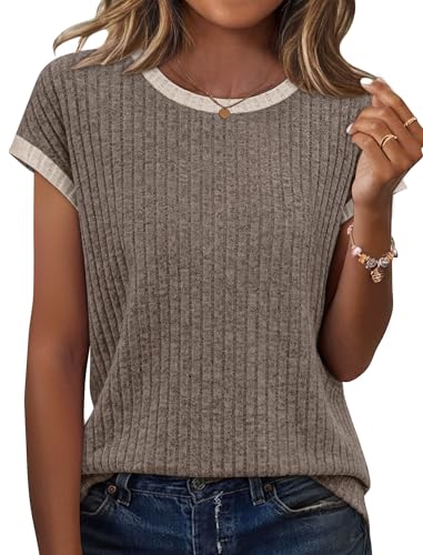 Sampeel Womens T Shirts Loose Fit Cap Sleeve Tops Cute Summer Clothes 2026 Resort Wear Travel Outfits Short Sleeve Sweaters Lightweight Brown S