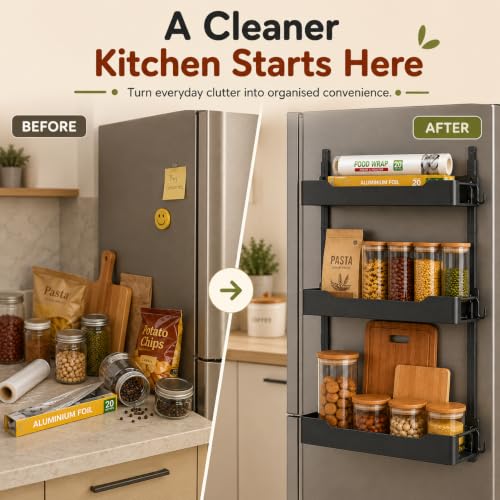 Image of Homero 3-Layer Carbon Steel Refrigerator Side Storage Rack | Self Adhesive Stick on Shelf for Kitchen & Pantry, Rust-Proof Durable Spice, Snacks and Jar Organizer with High Load Capacity