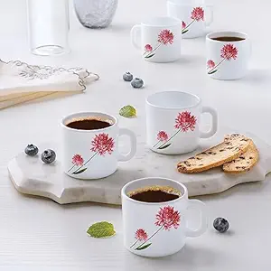 Belle Opalware Mug, Set of 6 Tea/Coffee Mugs, 100 ml Each, Microwave & Dishwasher Safe, Bone-Ash Free, Crockery Set Ideal for Daily Use & Gifting, White